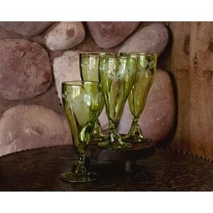 Depression Handblown Etched Green Goblets Set of 4 | Quirky Stem Footed Tumblers